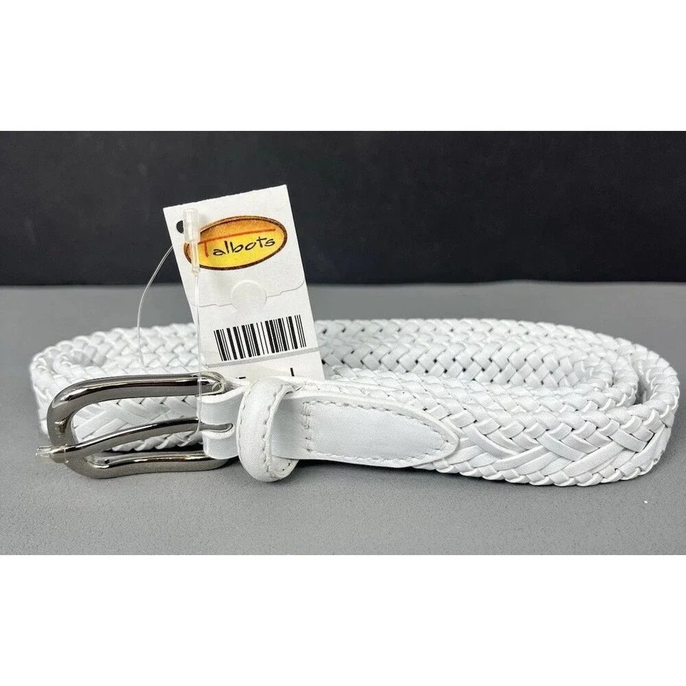 Talbots Genuine Leather Skinny Woven Belt Women Large White Boho Euro Preppy NWT